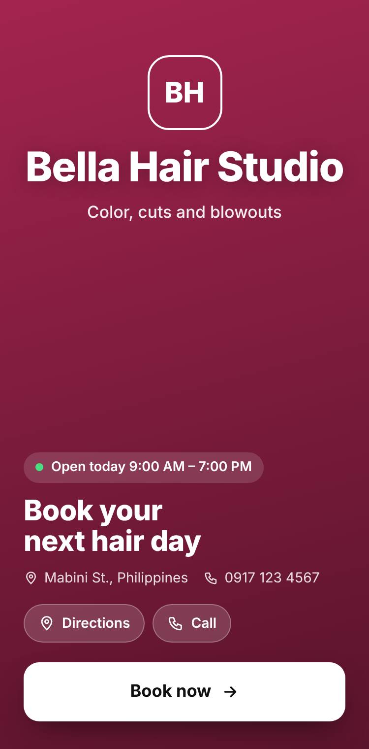 A hair salon's booking page