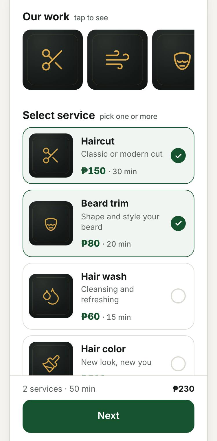 Choosing services and a barber